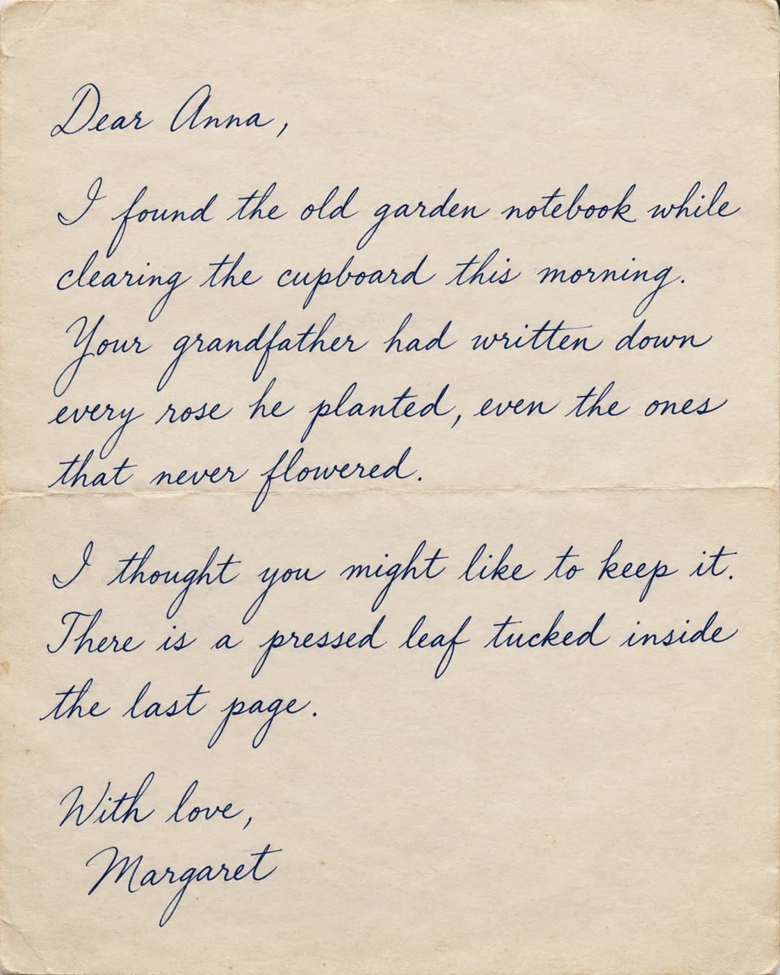 A connected cursive letter from Margaret to Anna on folded cream paper.