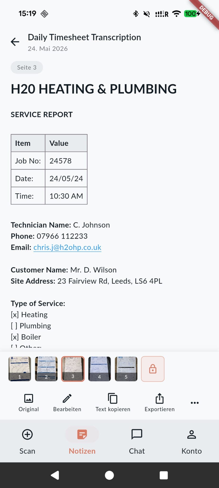 The service report transcribed to clean text in Inksight