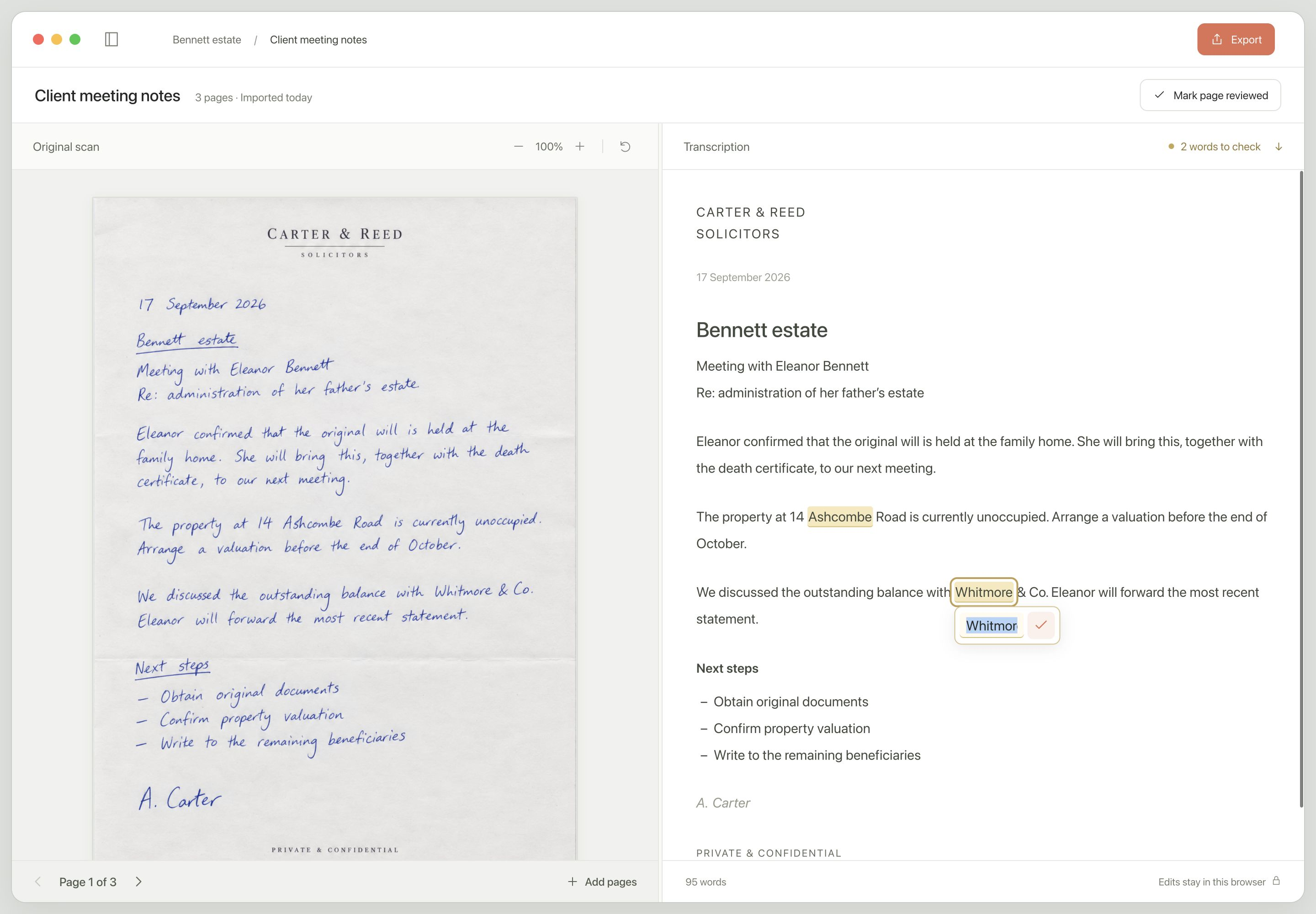 Inksight review editor showing a handwritten scan beside its transcription and a compact word correction field.